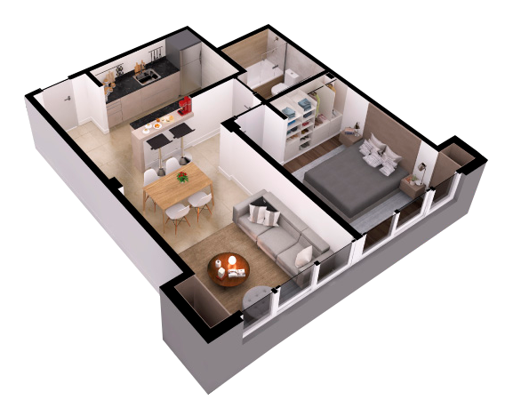 Vista planta 2 ambientes contrafrente Dalai Urban