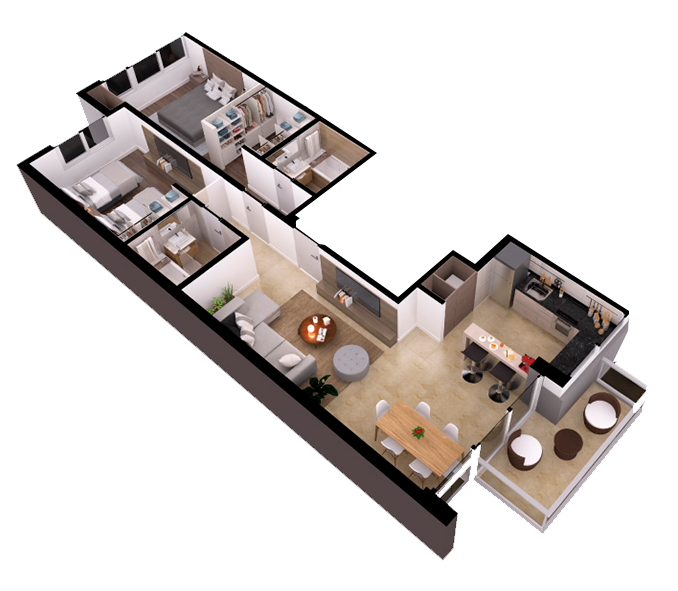 Vista planta 3 ambientes Dalai Urban